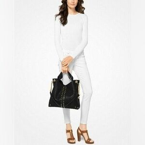 Michael Kors Uptown Astor Black Gold Studded Leather Carryall Large Tote Bag